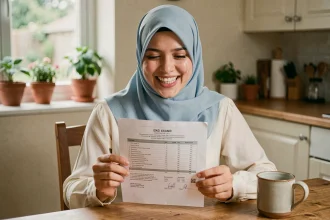 Jeune femme portant un hijab bleu tenant ses résultats d'examen avec un sourire de joie, assise dans une cuisine familiale chaleureuse