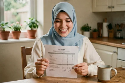 Jeune femme portant un hijab bleu tenant ses résultats d'examen avec un sourire de joie, assise dans une cuisine familiale chaleureuse