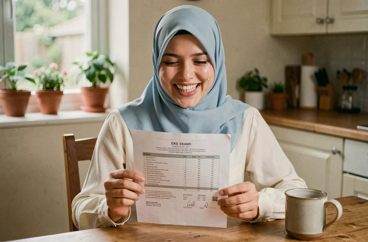 Jeune femme portant un hijab bleu tenant ses résultats d'examen avec un sourire de joie, assise dans une cuisine familiale chaleureuse