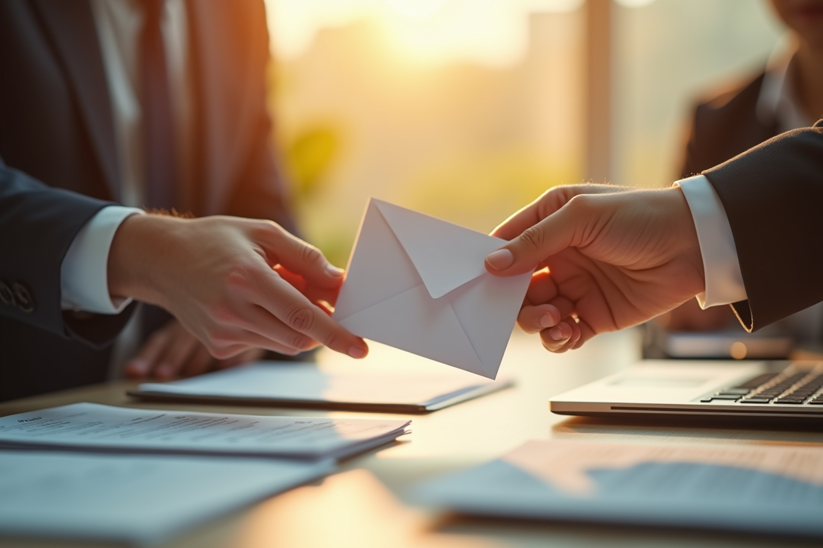 Main échangeant une enveloppe sur un bureau ensoleille