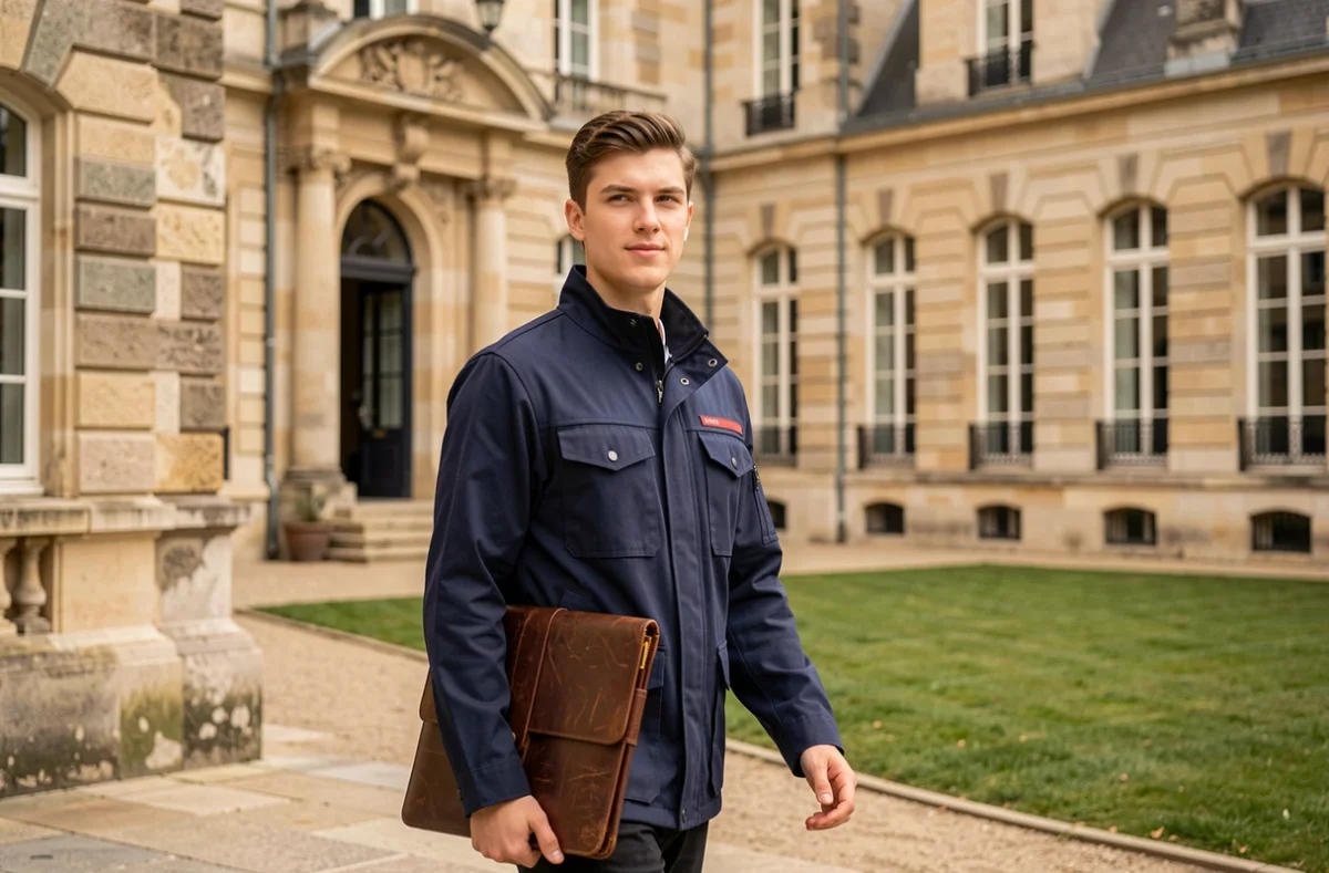 Étudiant marchant devant l'entrée principale de l'École Centrale Lille avec son portfolio sous le bras