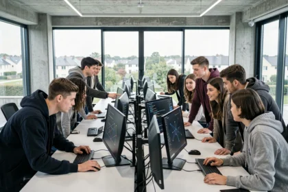 Étudiants en informatique travaillant dans un laboratoire moderne en Seine-et-Marne, illustrant le top 10 des écoles d'informatique de la région