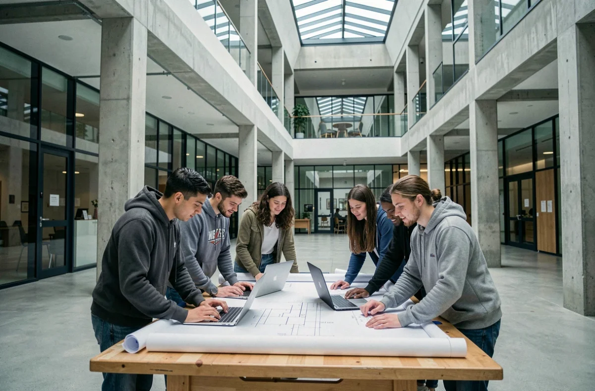 Étudiants en ingénierie dans un atrium universitaire moderne des Hauts-de-France, autour de plans techniques et d'ordinateurs portables