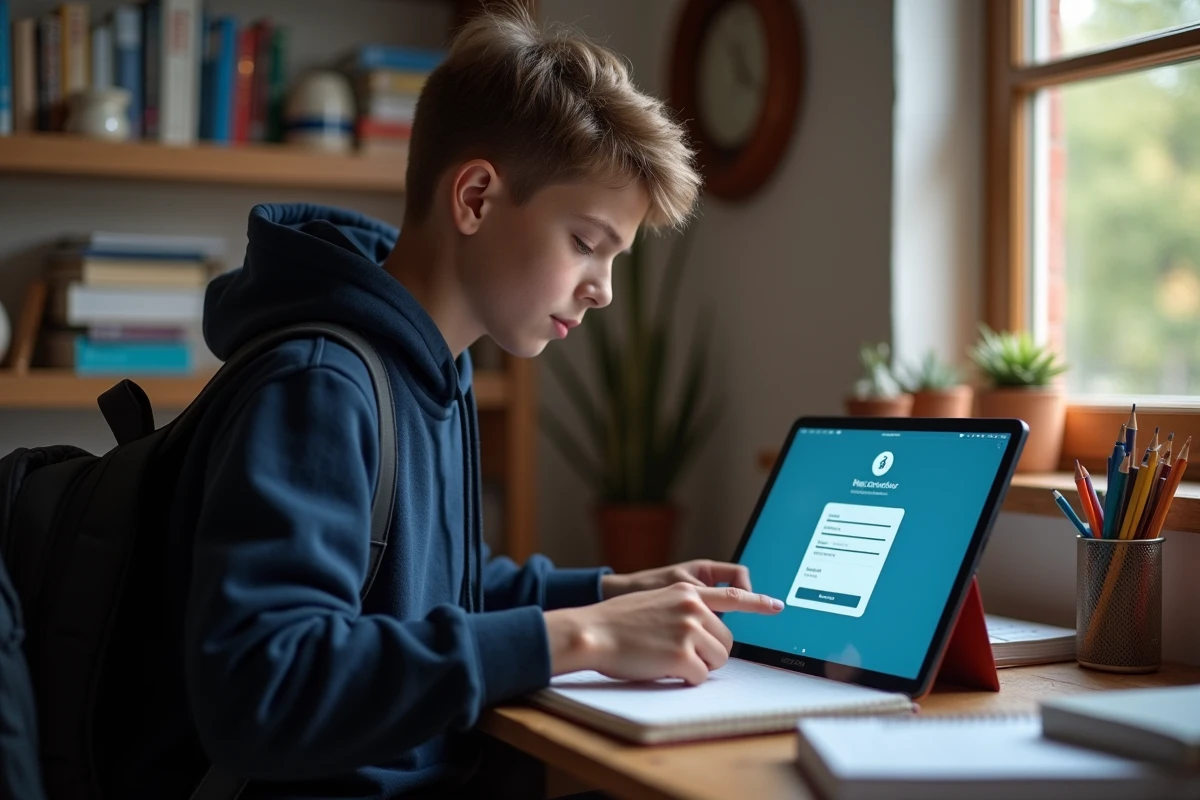 Élève de collège activant son compte scolaire en ligne sur une tablette depuis son bureau à la maison
