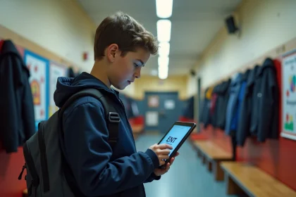 Jeune lyceen regardant une tablette avec ENT Touraine dans un couloir