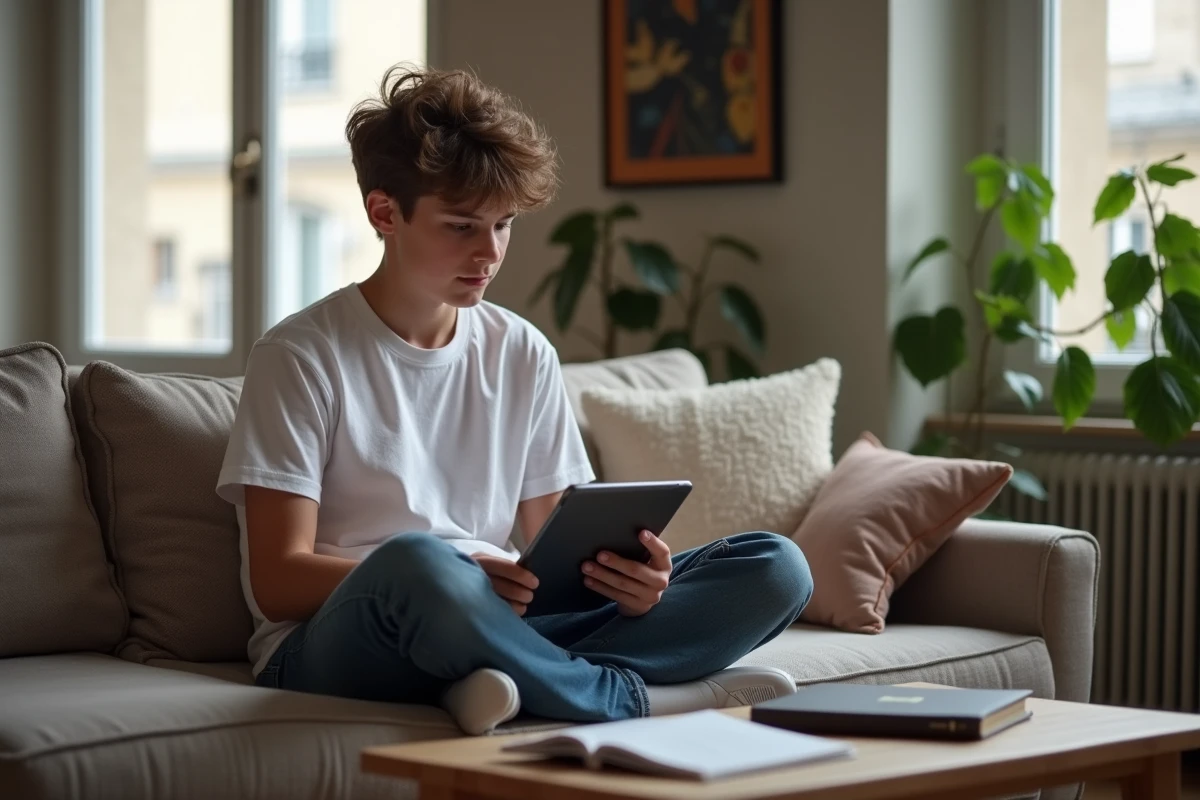Élève consultant ses cours et devoirs sur l'ENT Île-de-France depuis une tablette à la maison