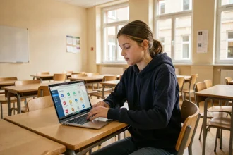 Élève lycéenne utilisant un ENT sur son ordinateur portable en salle de classe