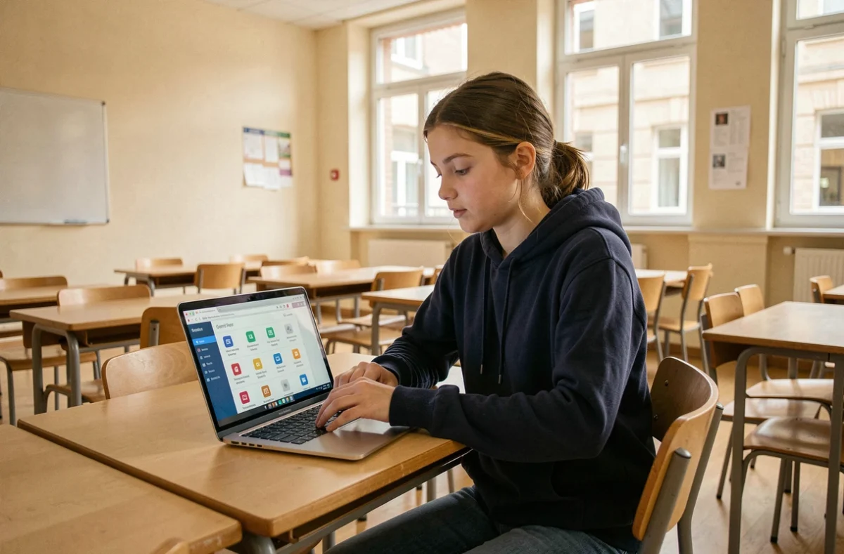 Élève lycéenne utilisant un ENT sur son ordinateur portable en salle de classe