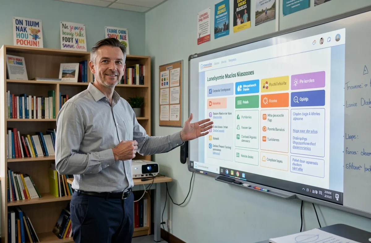 Enseignant présentant une comparaison d'environnements numériques de travail en salle des professeurs