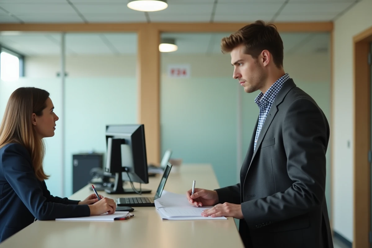 Jeune enseignant discutant avec une receptionniste dans un bureau moderne