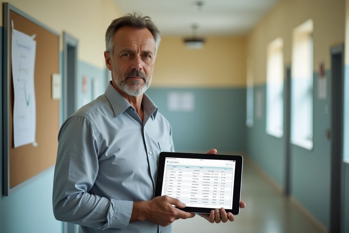 Enseignant consultant le suivi des retards et sanctions sur une tablette dans un couloir de collège