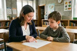 Enseignante évaluant les progrès en lecture d'un élève à l'aide d'un texte Fluence imprimé en classe