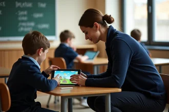 Enseignante parisienne aidant un élève sur une tablette numérique en classe primaire