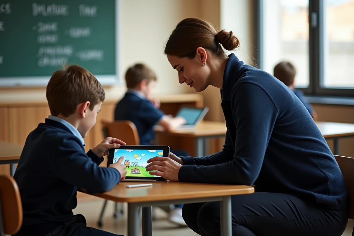 Enseignante parisienne aidant un élève sur une tablette numérique en classe primaire