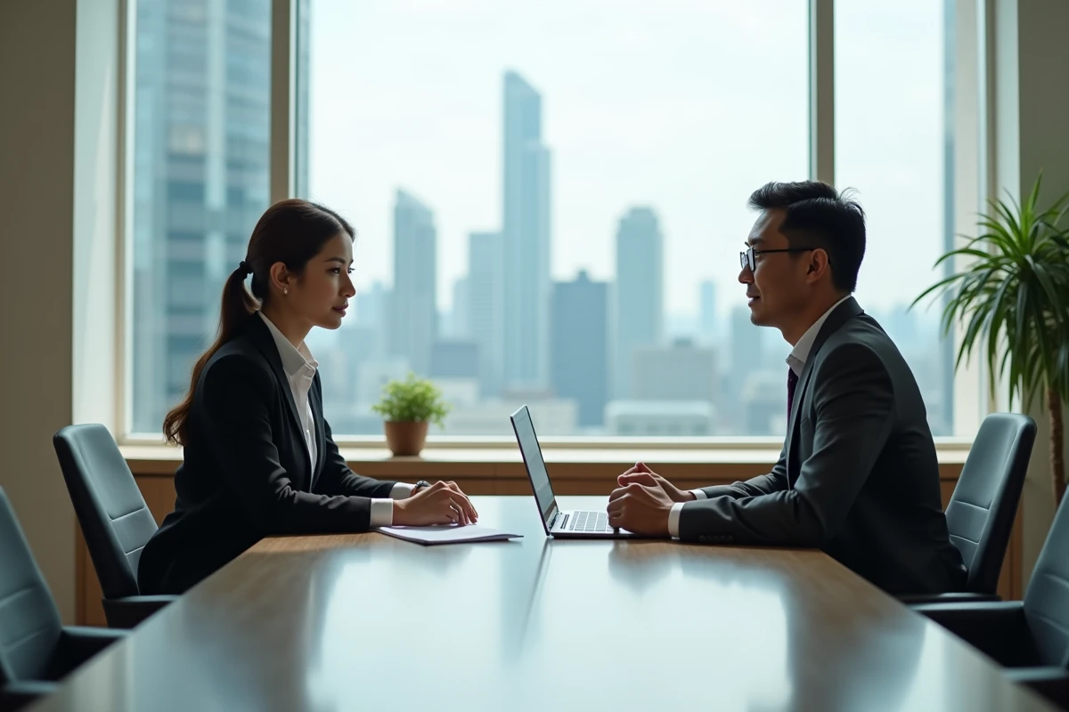 Entretien professionnel en salle de réunion avec certification de langue asiatique visible sur un ordinateur portable