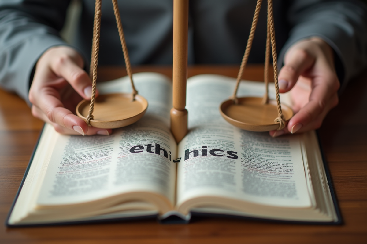 Mains tenant une balance en bois sur un dictionnaire ouvert sur le mot éthique