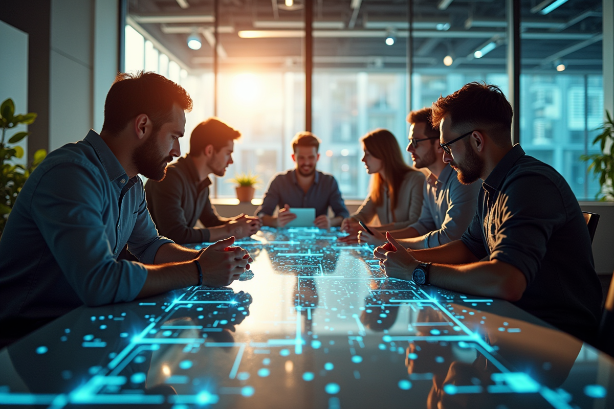Equipe créative en brainstorming avec gadgets et hologrammes