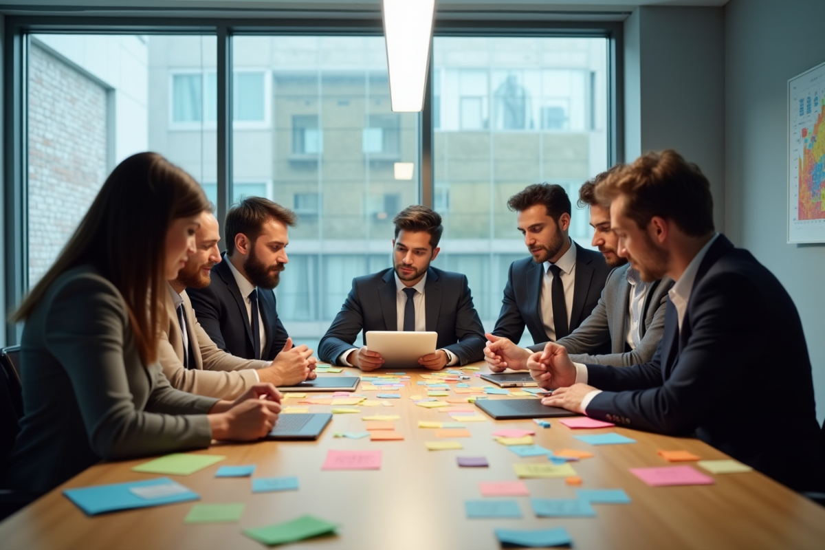 Groupe de professionnels en réunion autour d'une table lumineuse
