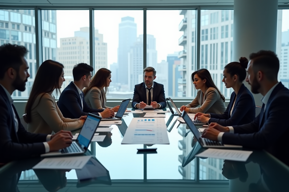 Equipe de professionnels financiers en réunion dynamique