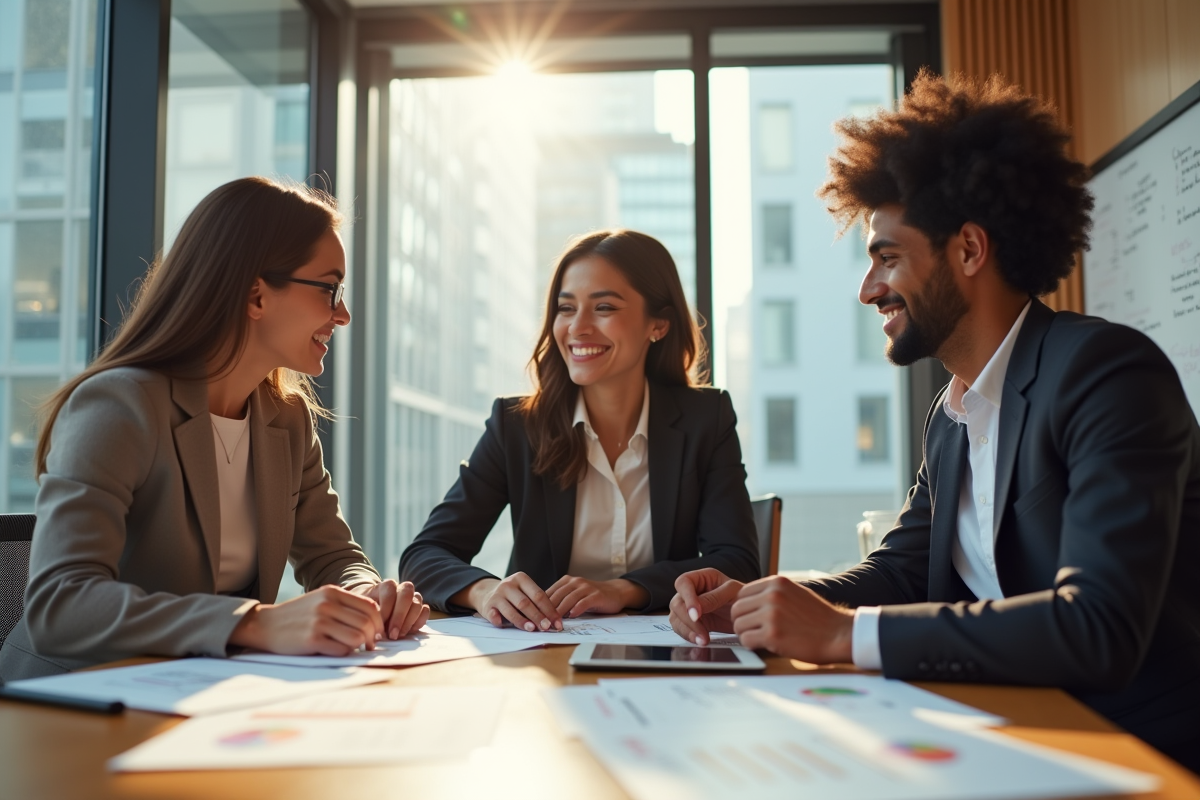Groupe de trois collègues en réunion dans une salle lumineuse et moderne