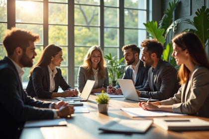 Groupe de professionnels en réunion sur des projets durables