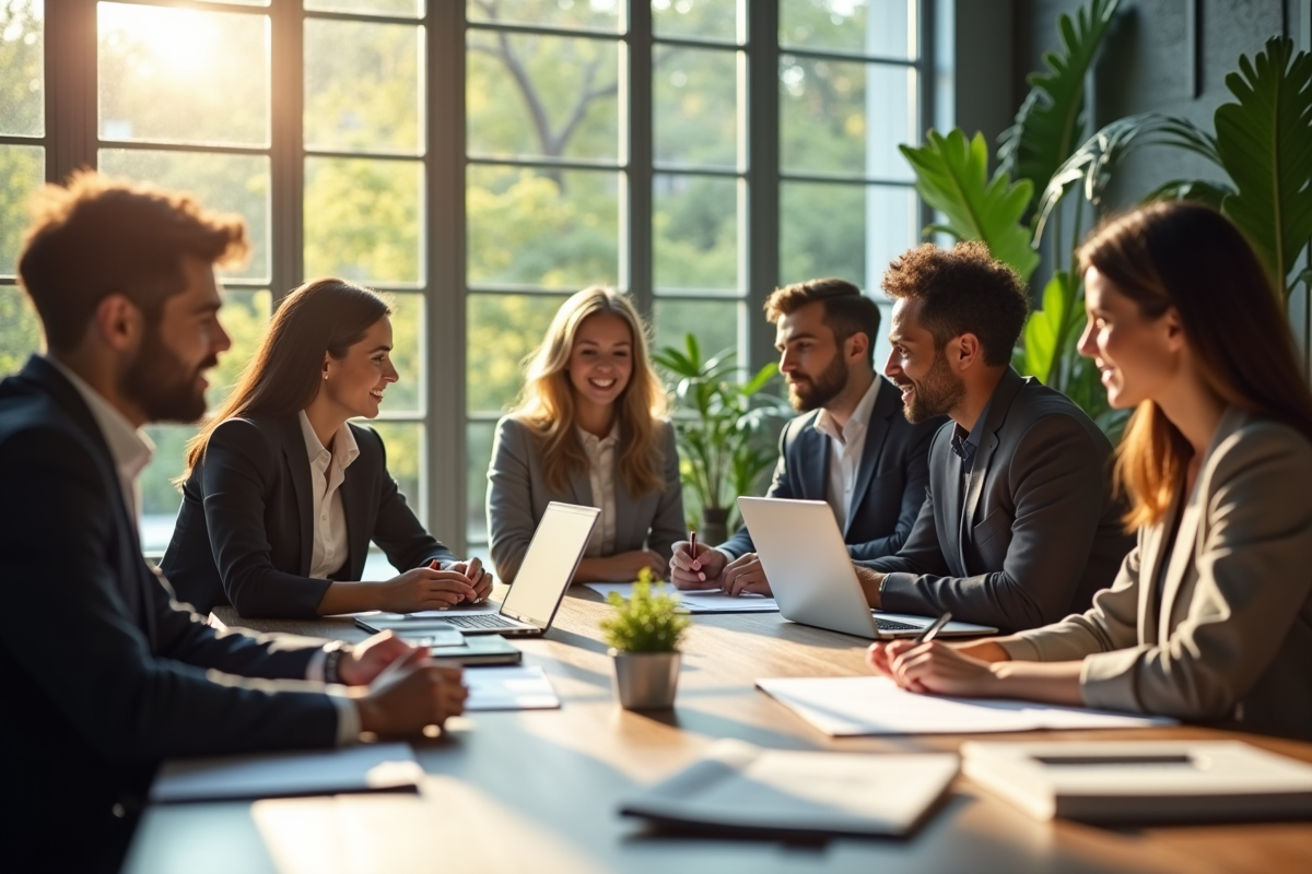 Groupe de professionnels en réunion sur des projets durables