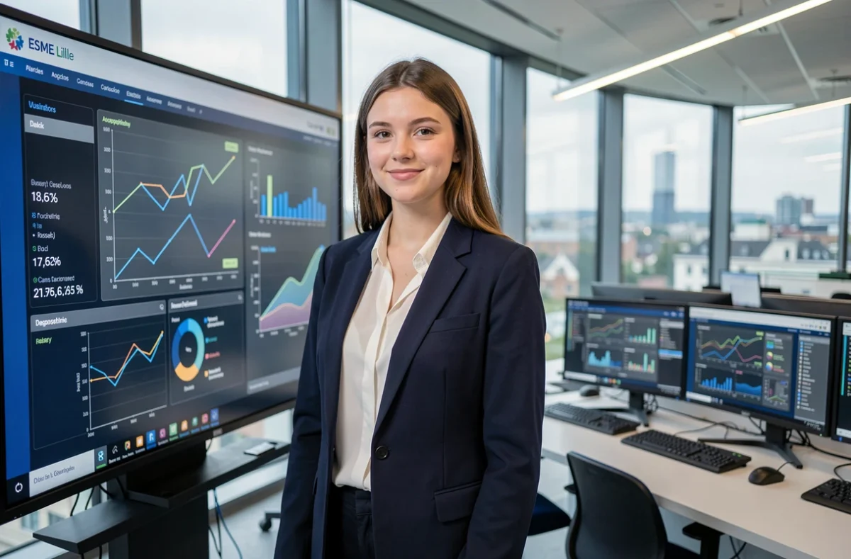 Étudiante de l'ESME Lille devant un tableau de bord analytique numérique dans une salle high-tech avec vue sur la ville
