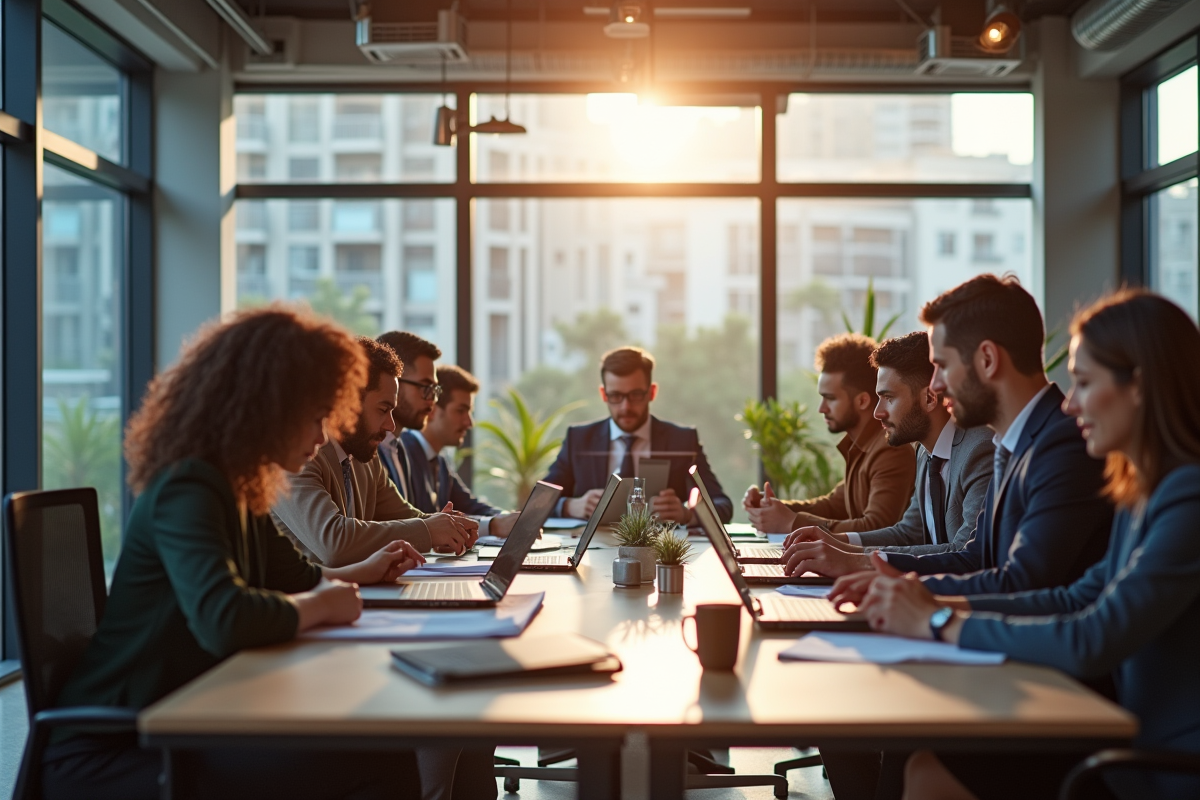 Espace de bureau moderne avec professionnels collaborant en équipe