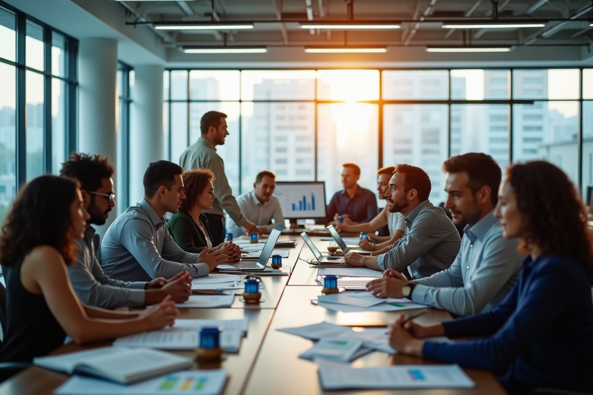 Employes dans un espace de travail ouvert en pleine activité