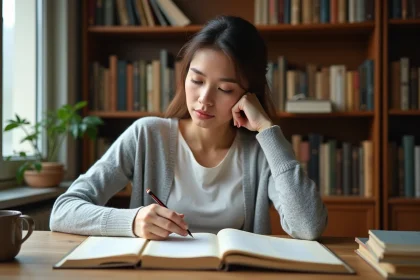 Jeune femme étudiant les connecteurs logiques français dans un bureau avec des livres de grammaire ouverts et des fiches manuscrites