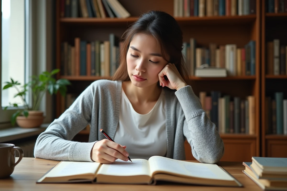 Jeune femme étudiant les connecteurs logiques français dans un bureau avec des livres de grammaire ouverts et des fiches manuscrites