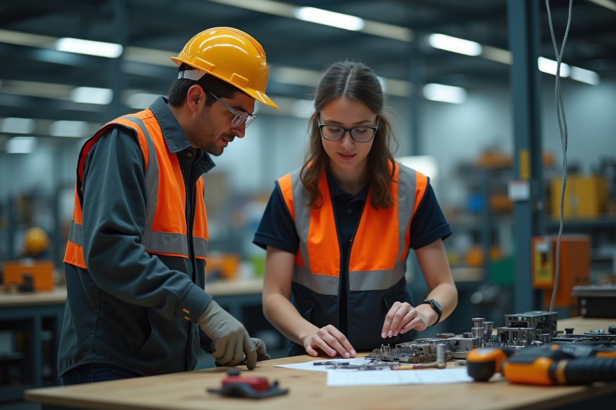 Étudiant en atelier technique discutant avec un mentor