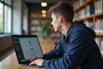 Étudiant connecté au portail numérique ENT de l'université sur un ordinateur portable en bibliothèque universitaire
