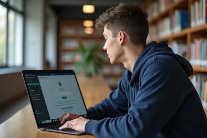 Étudiant connecté au portail numérique ENT de l'université sur un ordinateur portable en bibliothèque universitaire
