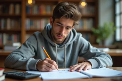 Étudiant en physique écrivant une formule de conversion km/h en m/s sur du papier quadrillé dans une bibliothèque universitaire