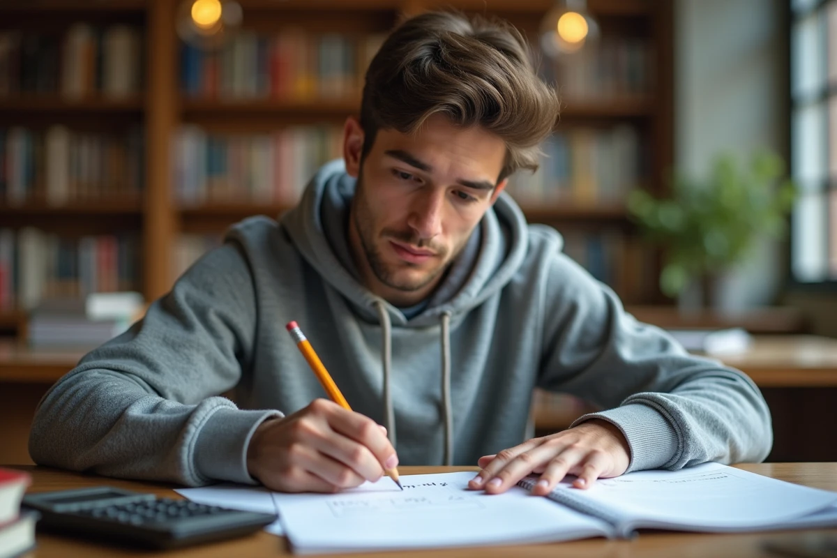 Étudiant en physique écrivant une formule de conversion km/h en m/s sur du papier quadrillé dans une bibliothèque universitaire