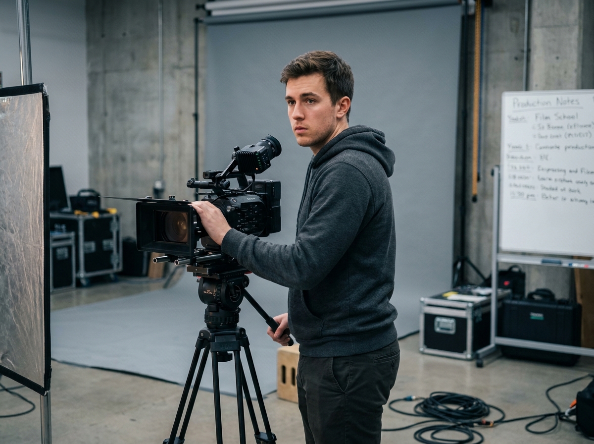 Étudiant en école de cinéma réglant une caméra professionnelle sur trépied dans un studio audiovisuel