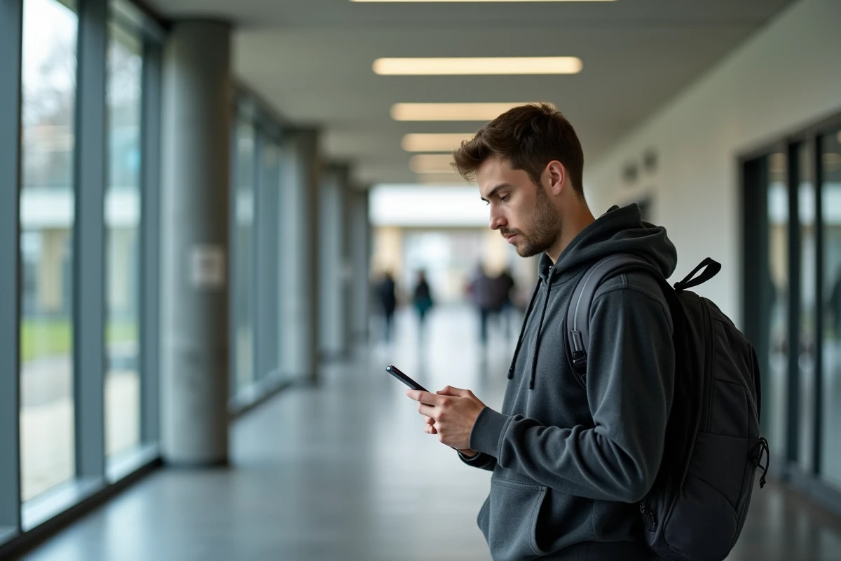 Étudiant consultant l'ENT Mirail sur son smartphone dans un couloir du campus universitaire