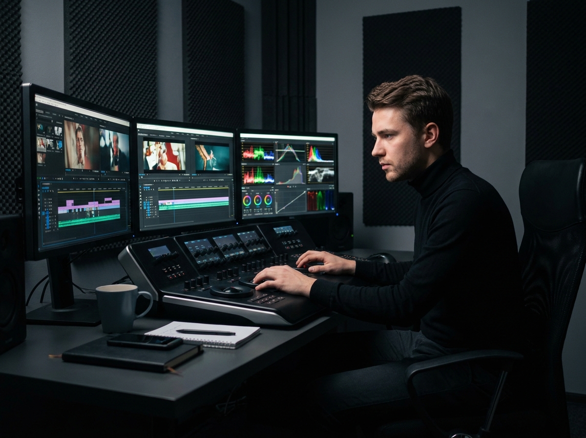 Étudiant en cinéma en session d'étalonnage colorimétrique dans une salle de post-production professionnelle