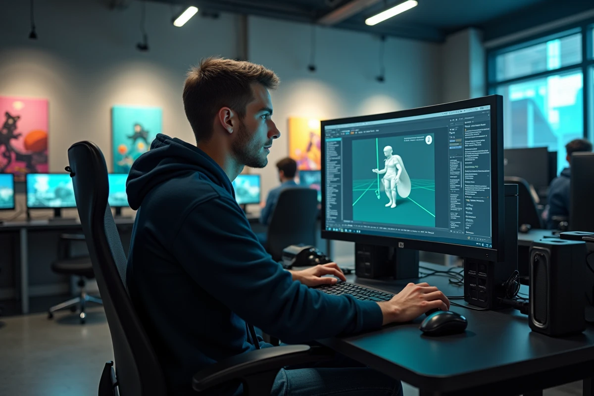 Étudiant en game design travaillant sur un logiciel de modélisation 3D dans un laboratoire informatique moderne du Gaming Campus