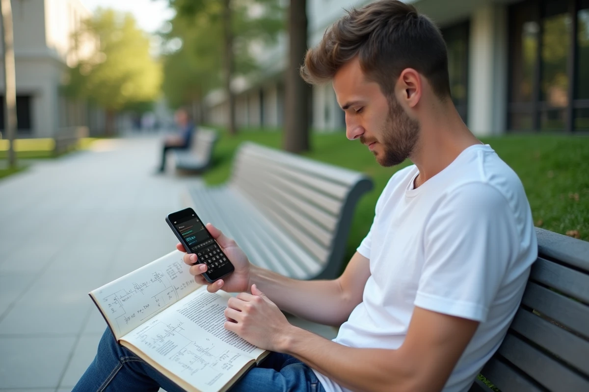 Étudiant en ingénierie révisant la conversion de vitesse km/h en m/s avec un manuel de physique et une calculatrice sur un campus universitaire