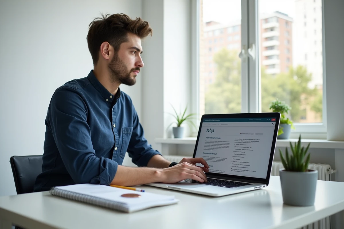 Étudiant explorant des fiches métiers WKS sur un ordinateur portable dans son appartement