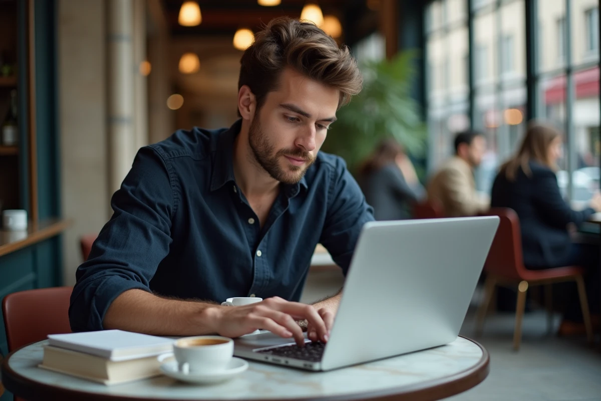 Étudiant rédigeant une dissertation sur la poésie dans un café parisien avec des livres de poèmes annotés