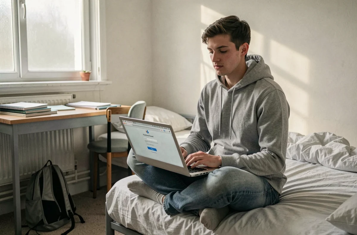 Étudiant réinitialisant son mot de passe ENT Unice depuis sa chambre universitaire sur un ordinateur portable