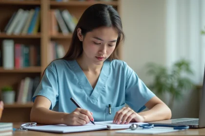 Étudiante aide-soignante révisant ses cours sur les nouveaux actes infirmiers 2026 à son bureau