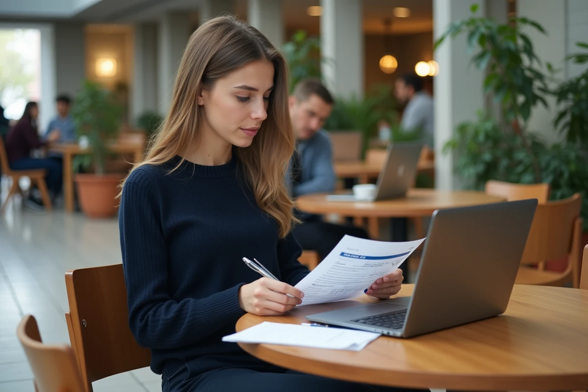 Étudiante analysant les frais de scolarité du Gaming Campus avec des documents financiers sur une table de la cafétéria du campus