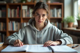 Étudiante calculant une moyenne avec coefficients sur des feuilles de notes posées sur un bureau en bois