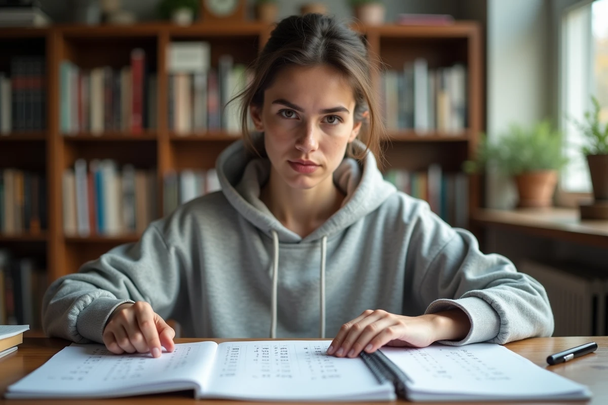 Étudiante calculant une moyenne avec coefficients sur des feuilles de notes posées sur un bureau en bois
