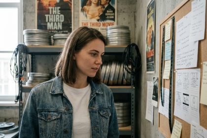 Étudiante en école de cinéma analysant un storyboard dans une salle de montage créative et authentique