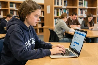 Étudiante connectée à son espace numérique de travail ENT sur un ordinateur portable dans une bibliothèque universitaire